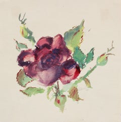 Vintage Red Rose with Green Leaves Watercolor on Paper, 1944