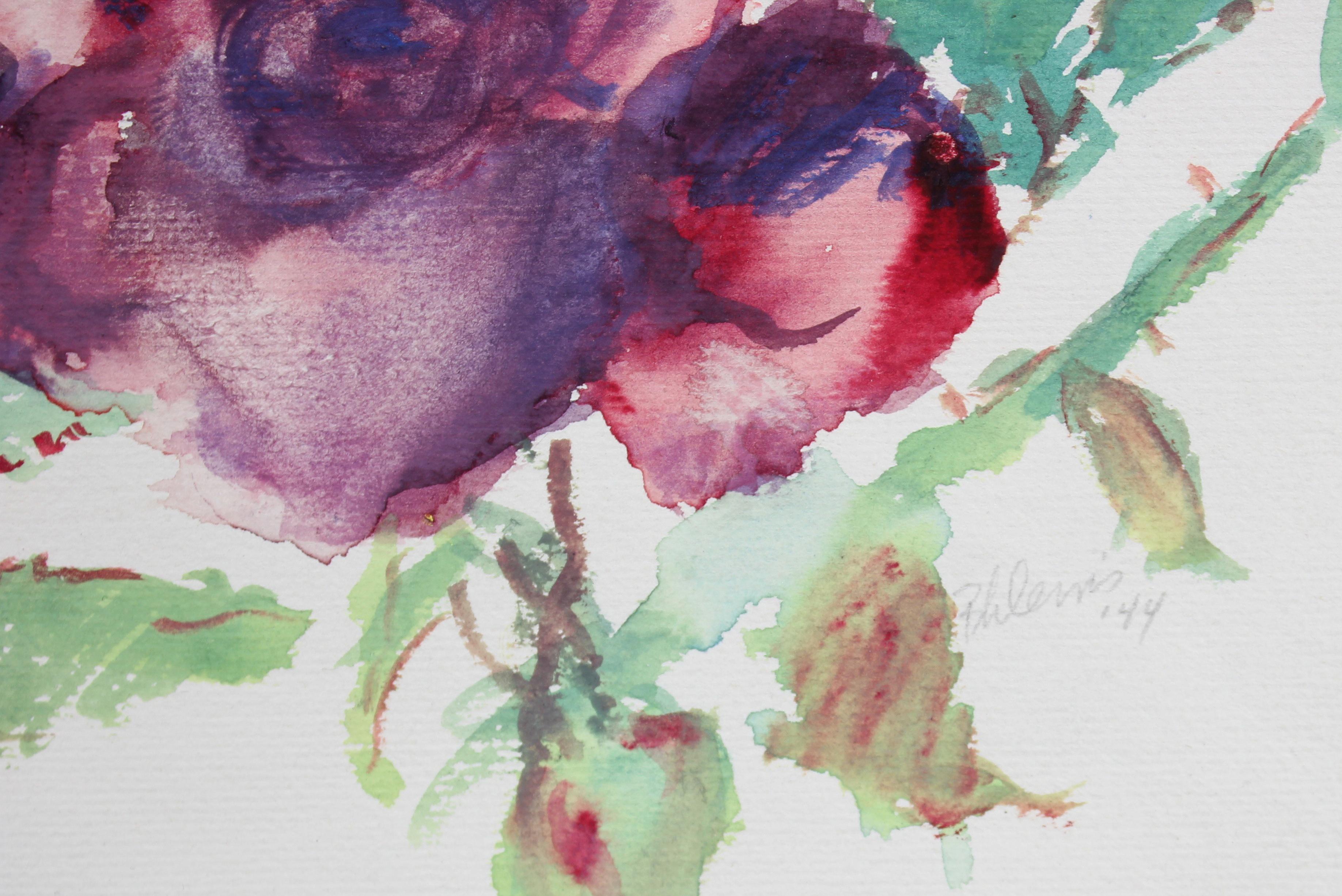 Red Rose with Green Leaves Watercolor on Paper, 1944 - Art by Barbara Lewis