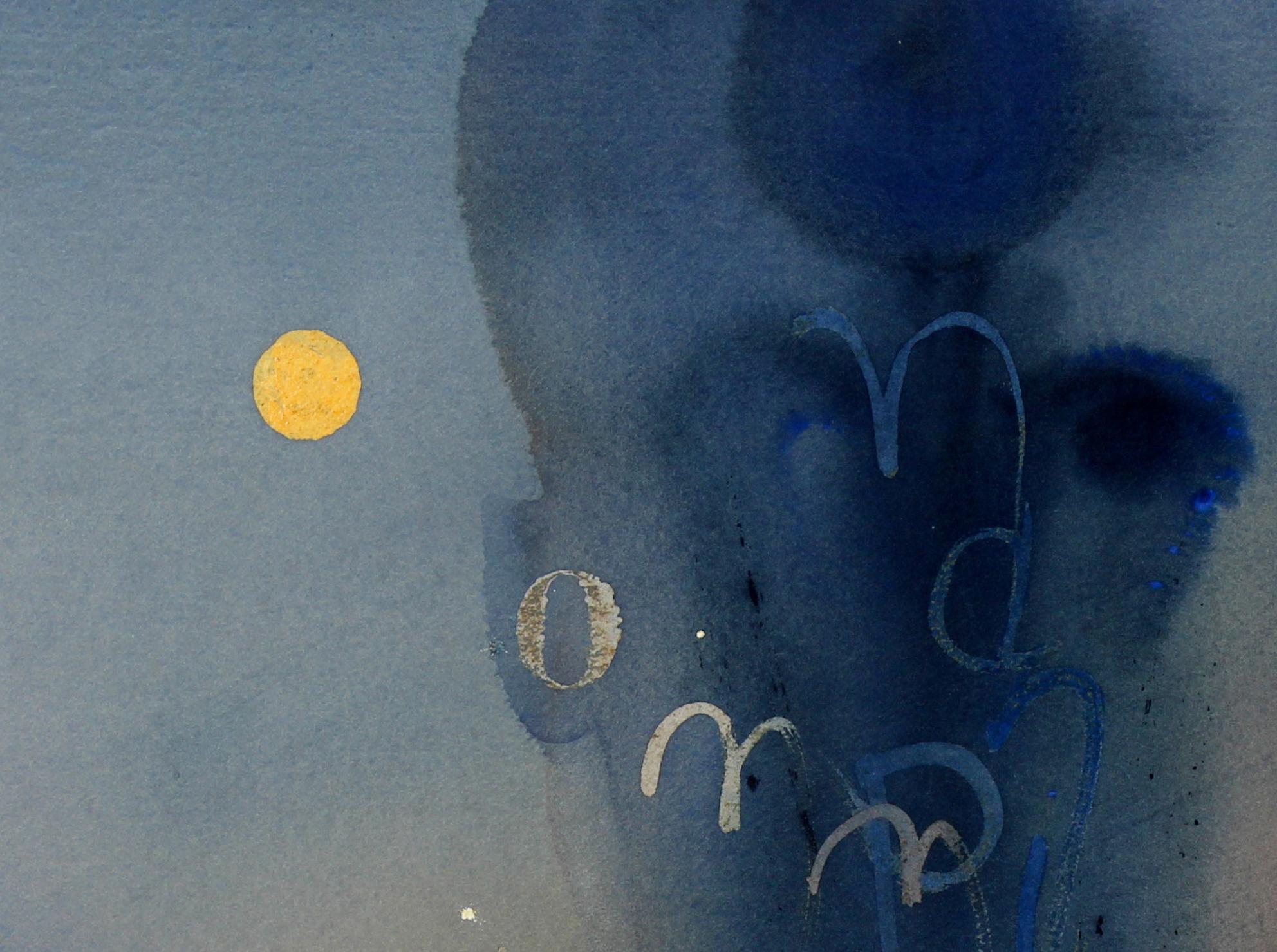 Abstracted Figure with Moon in Watercolor in Navy Peach and Yellow - Art by Hugh Wiley