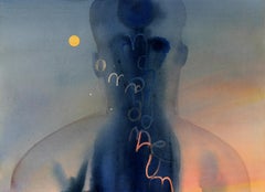 Abstracted Figure with Moon in Watercolor in Navy Peach and Yellow