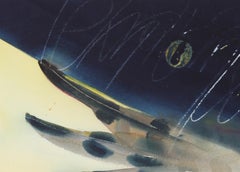 Escena nocturna abstracta con azul y amarillo, acuarela, finales del siglo XX
