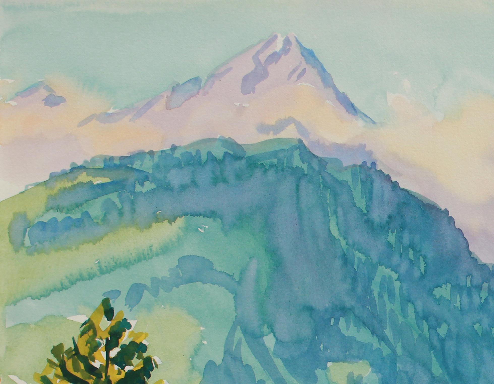Swiss Mountain Scene Near Lenzerheide in Watercolor on Paper with Lush Greens - Art by Mary Pomeroy
