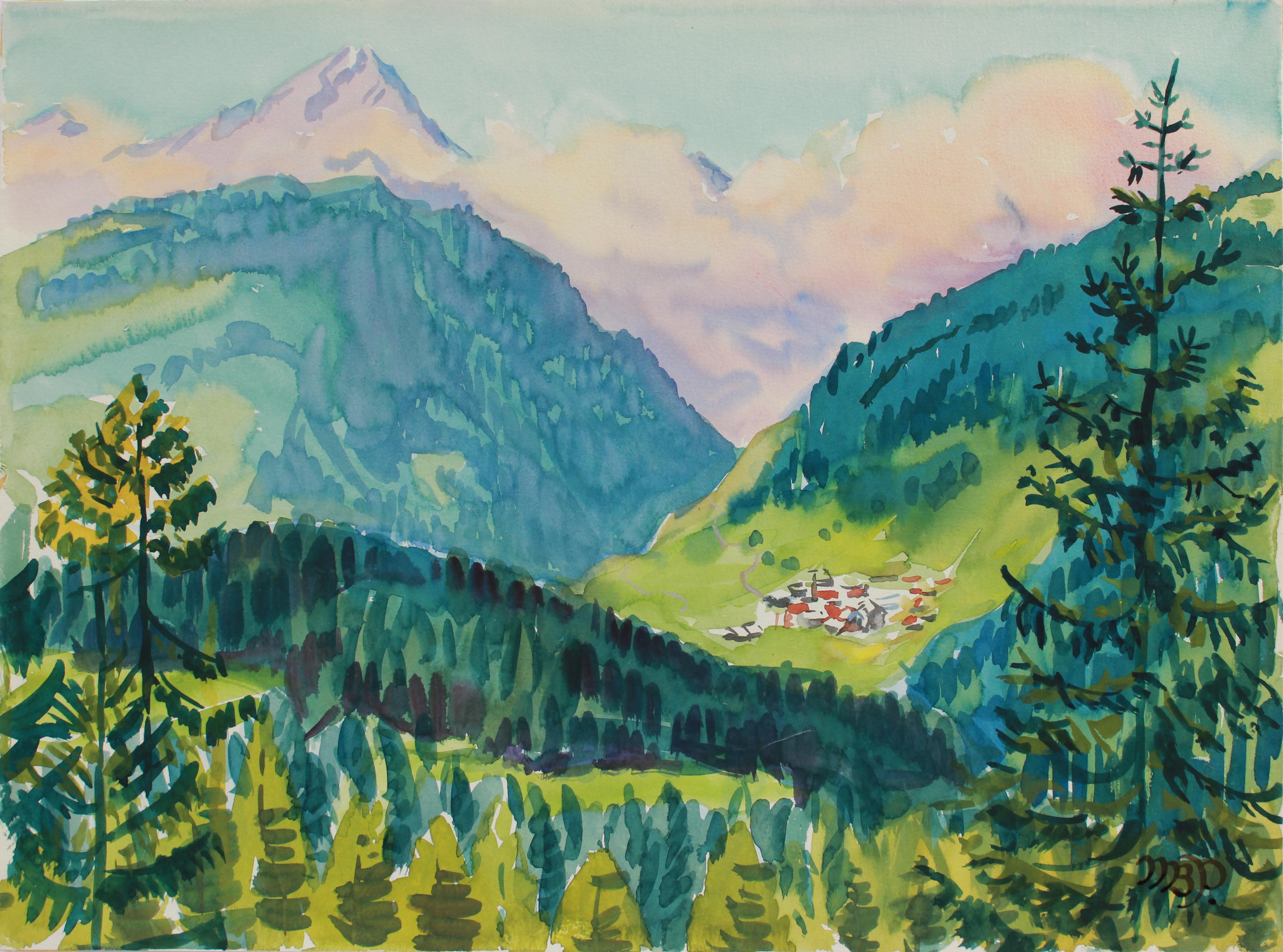 Mary Pomeroy Landscape Art - Swiss Mountain Scene Near Lenzerheide in Watercolor on Paper with Lush Greens