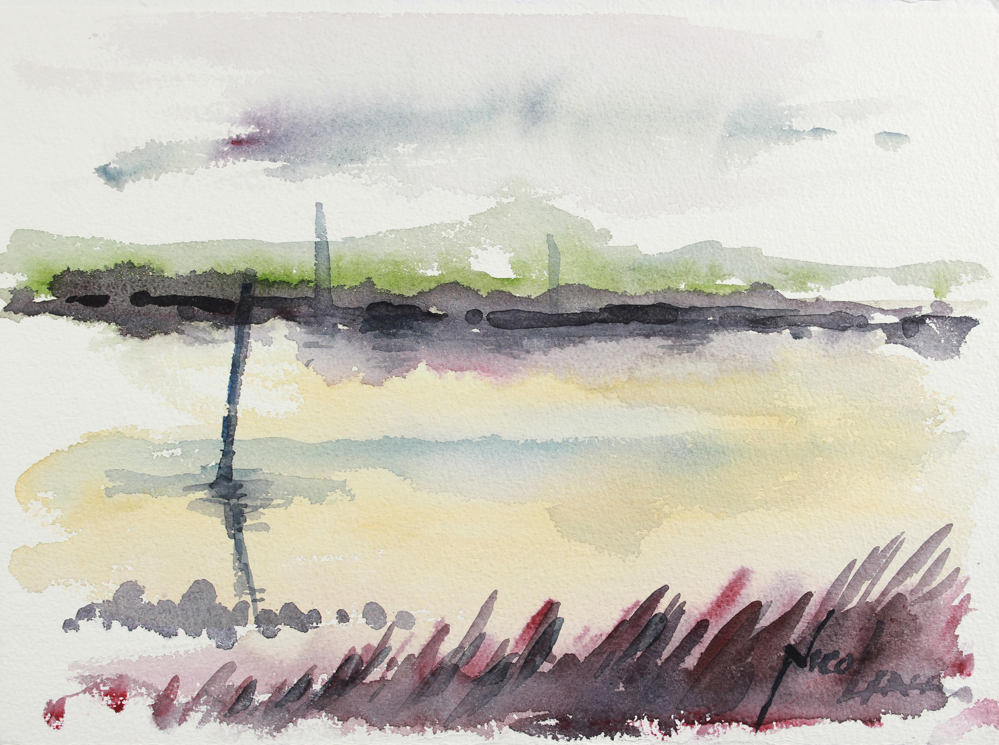 John Nicolini Abstract Drawing - Distant Cityscape in Abstraction Mid-Late 20th Century Watercolor on Paper