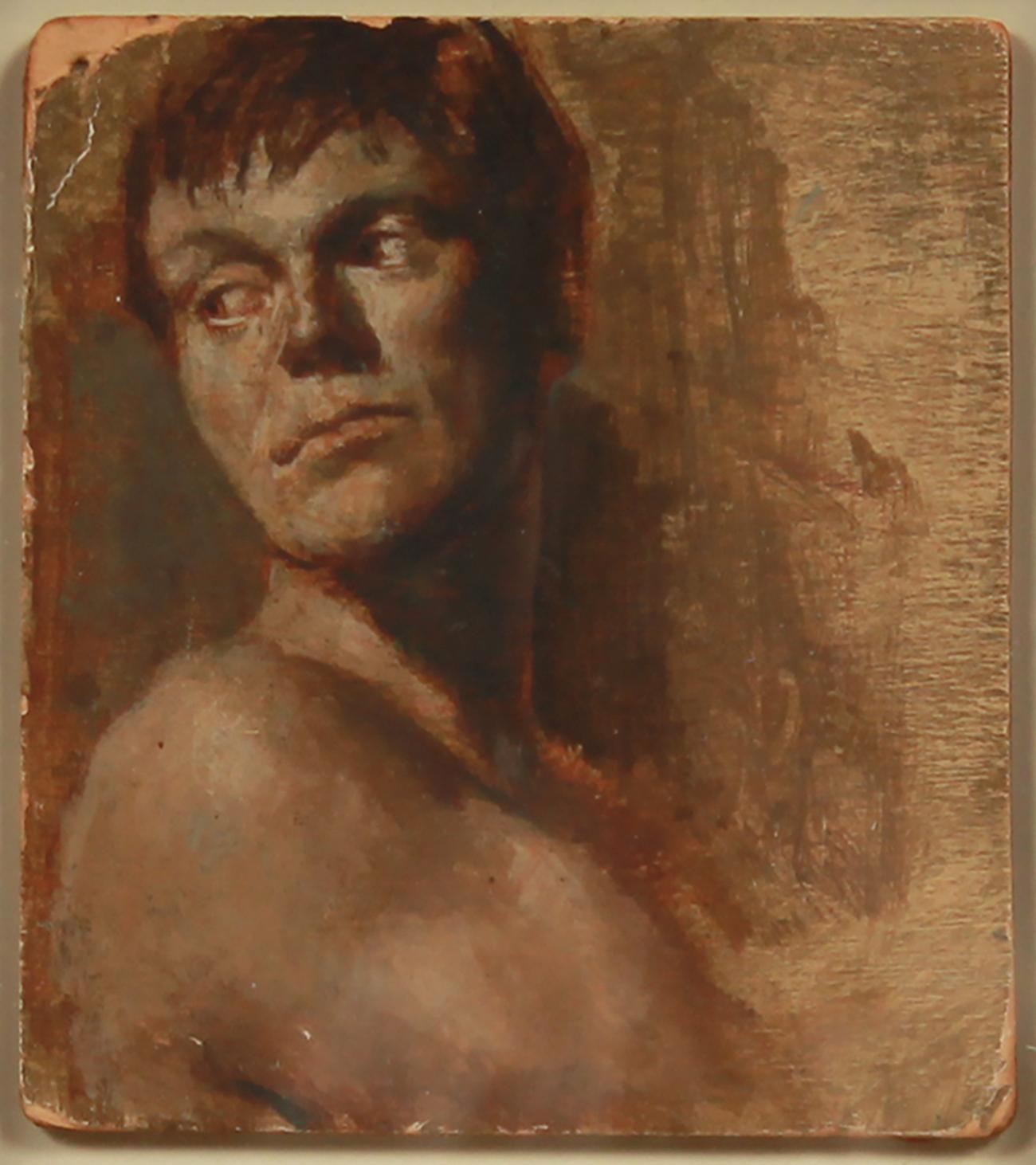 Intimate Male Portrait 1940s Oil on Paper Board with Wood Frame - Painting by Michael Insinna