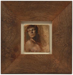 Intimate Male Portrait 1940s Oil on Paper Board with Wood Frame