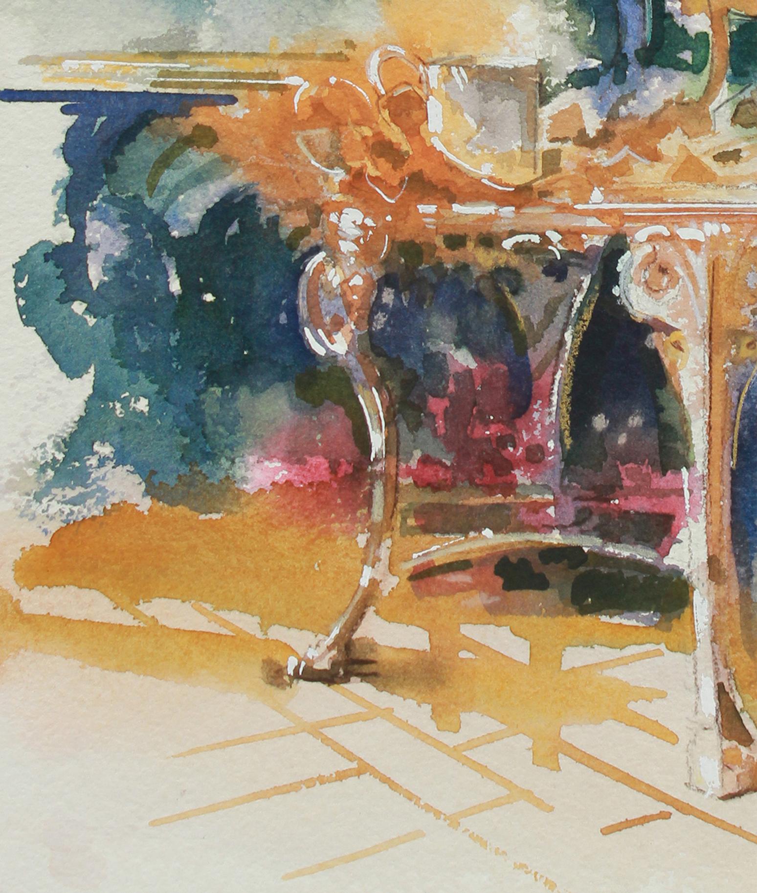 Colorful Watercolor Interior Still Life Painting of Victorian Chair  - Art by John Nicolini