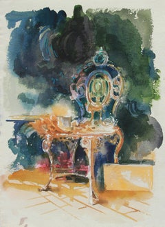 Colorful Watercolor Interior Still Life Painting of Victorian Chair 