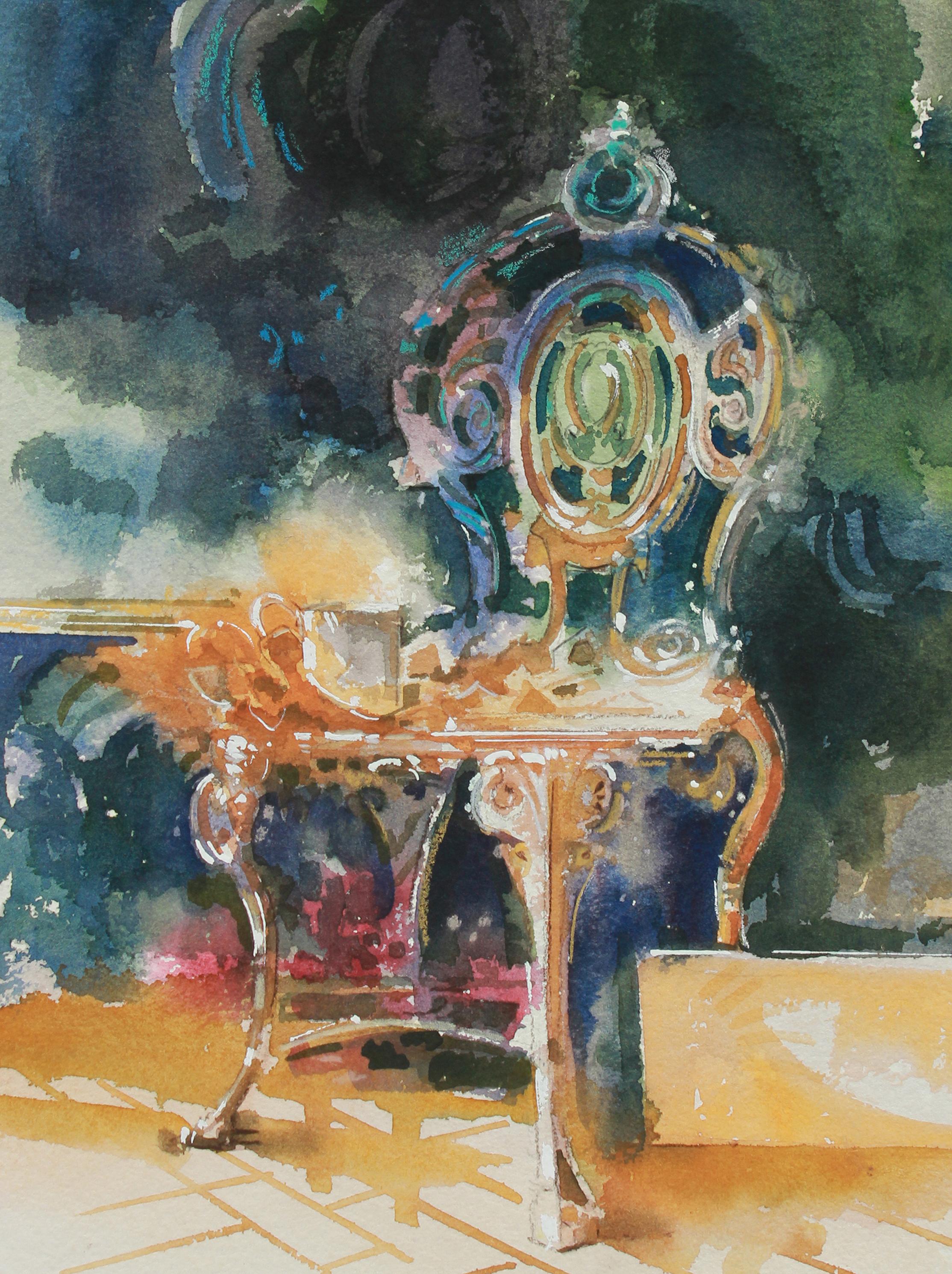 Colorful Watercolor Interior Still Life Painting of Victorian Chair  - Modern Art by John Nicolini