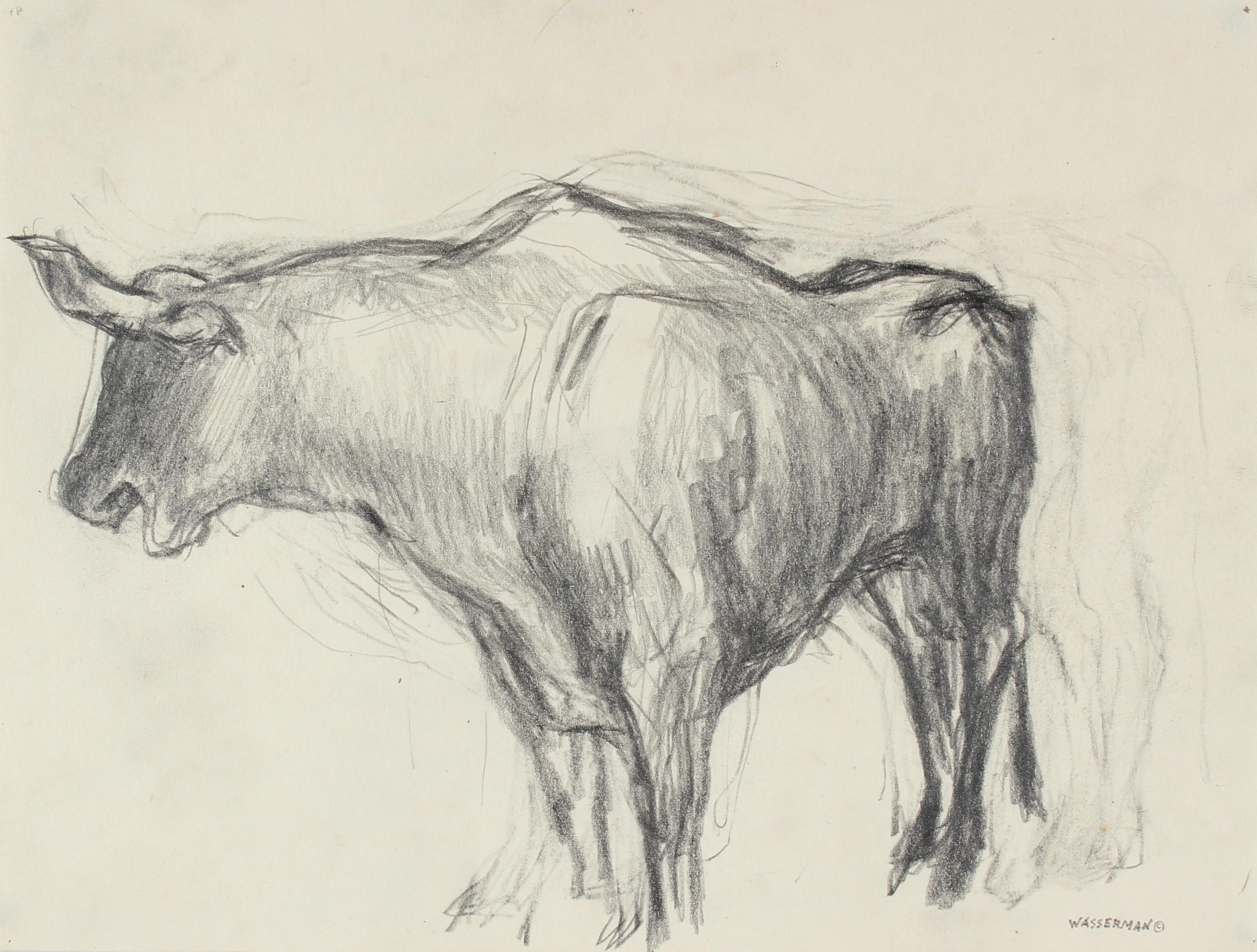 Gerald Wasserman Animal Art - Mexican Bull in Graphite, Circa 1947