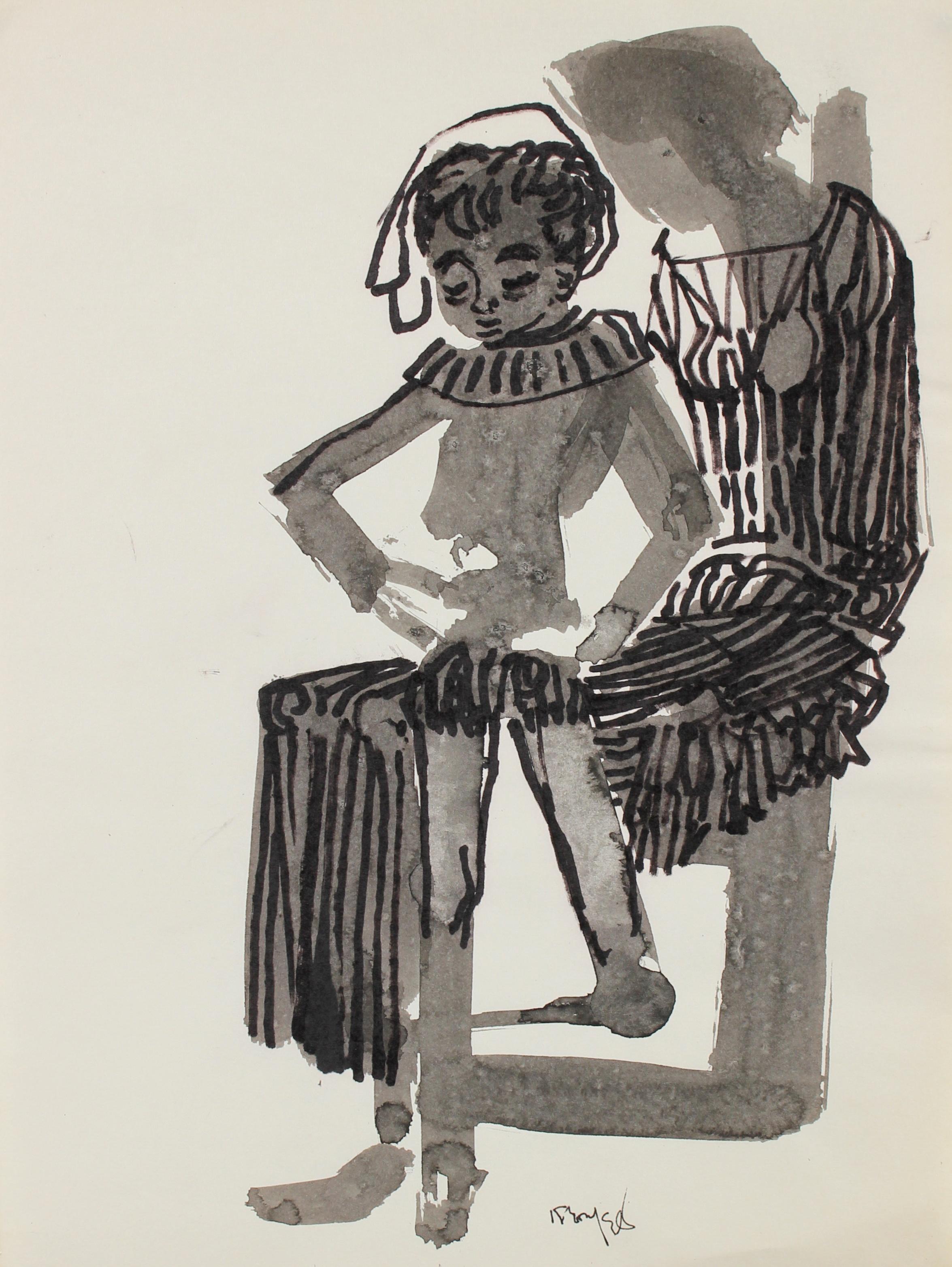 Morris Kronfeld Figurative Art - Figure in a Fancy Costume 1960-80s Ink