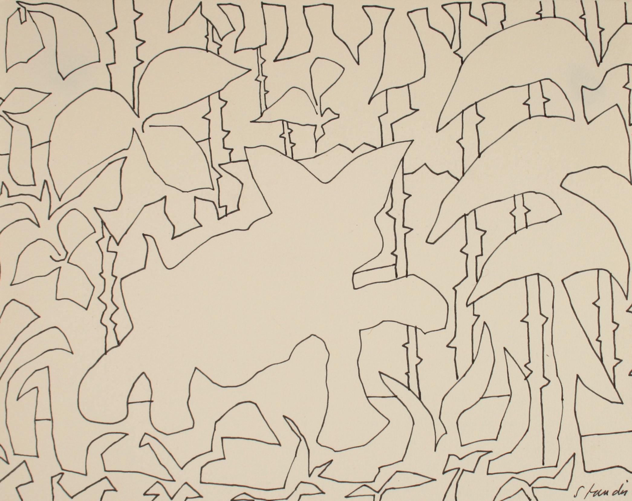 Schuyler Standish Abstract Drawing - Bold Foliage Abstracted Outlines Late 20th Century Ink