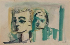 Abstracted Man & Child 1940-60s Gouache & Ink