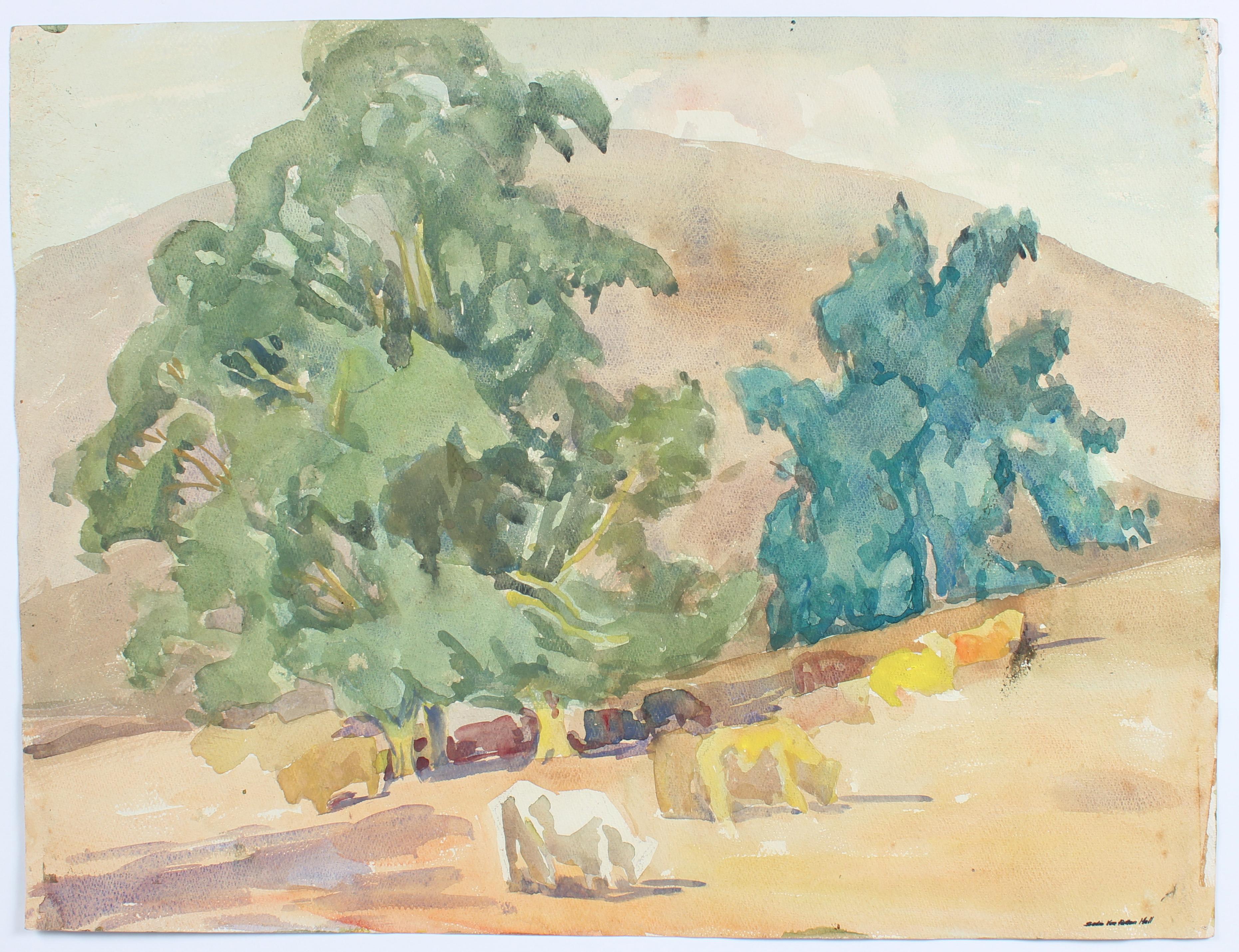 Sadie Van Patten Hall Landscape Art - Double-sided Watercolor Landscape with Cows Mid Century