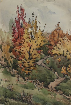 Vintage Autumn Trees 1970s Soviet Impressionist Watercolor