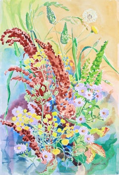 "Autumn Array" 1983 Colorful Watercolor Botanical Still Life Flowers 