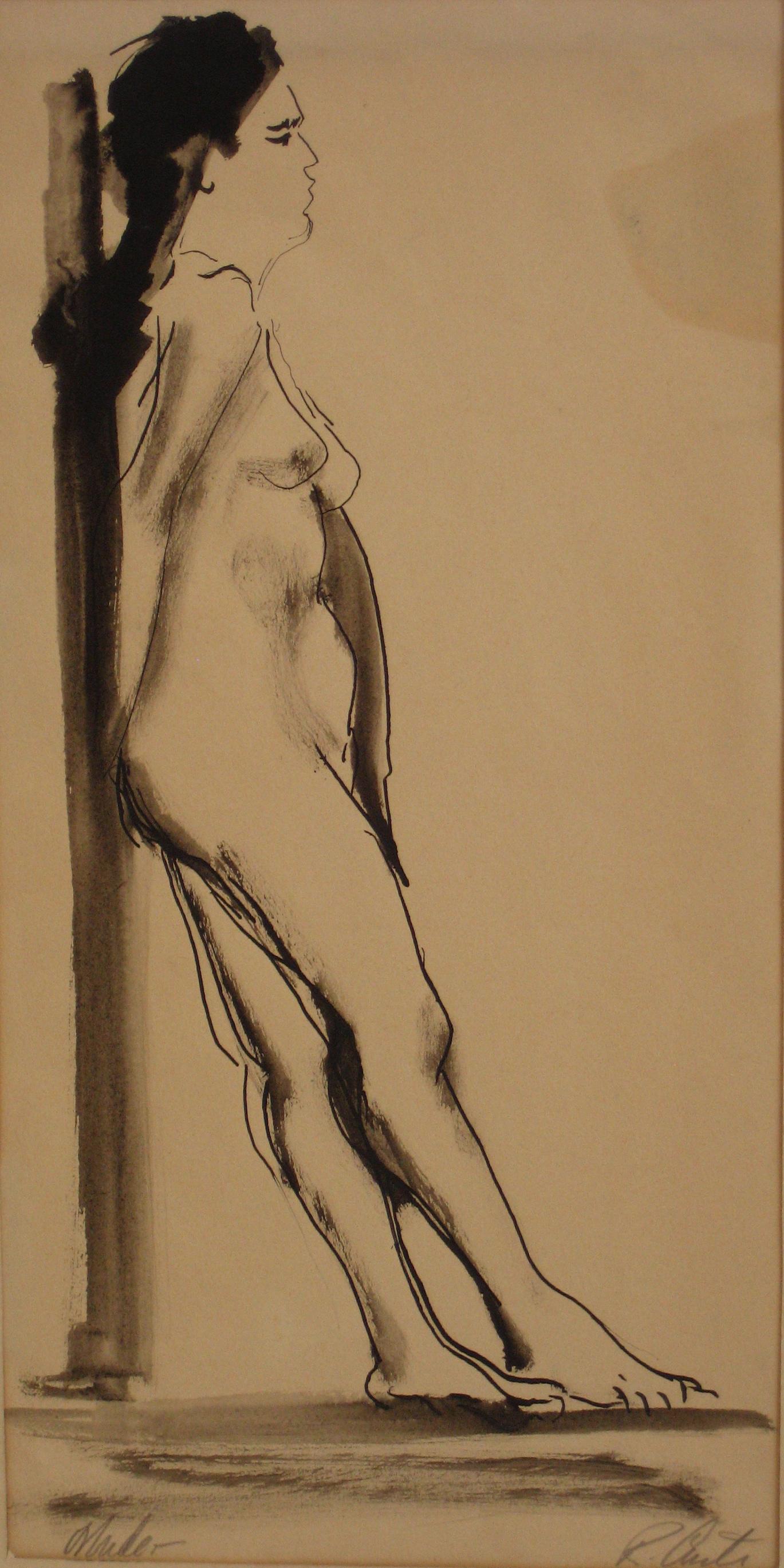 Leaning Female Nude Mid Century Mixed Media - Art by Ross Curtis