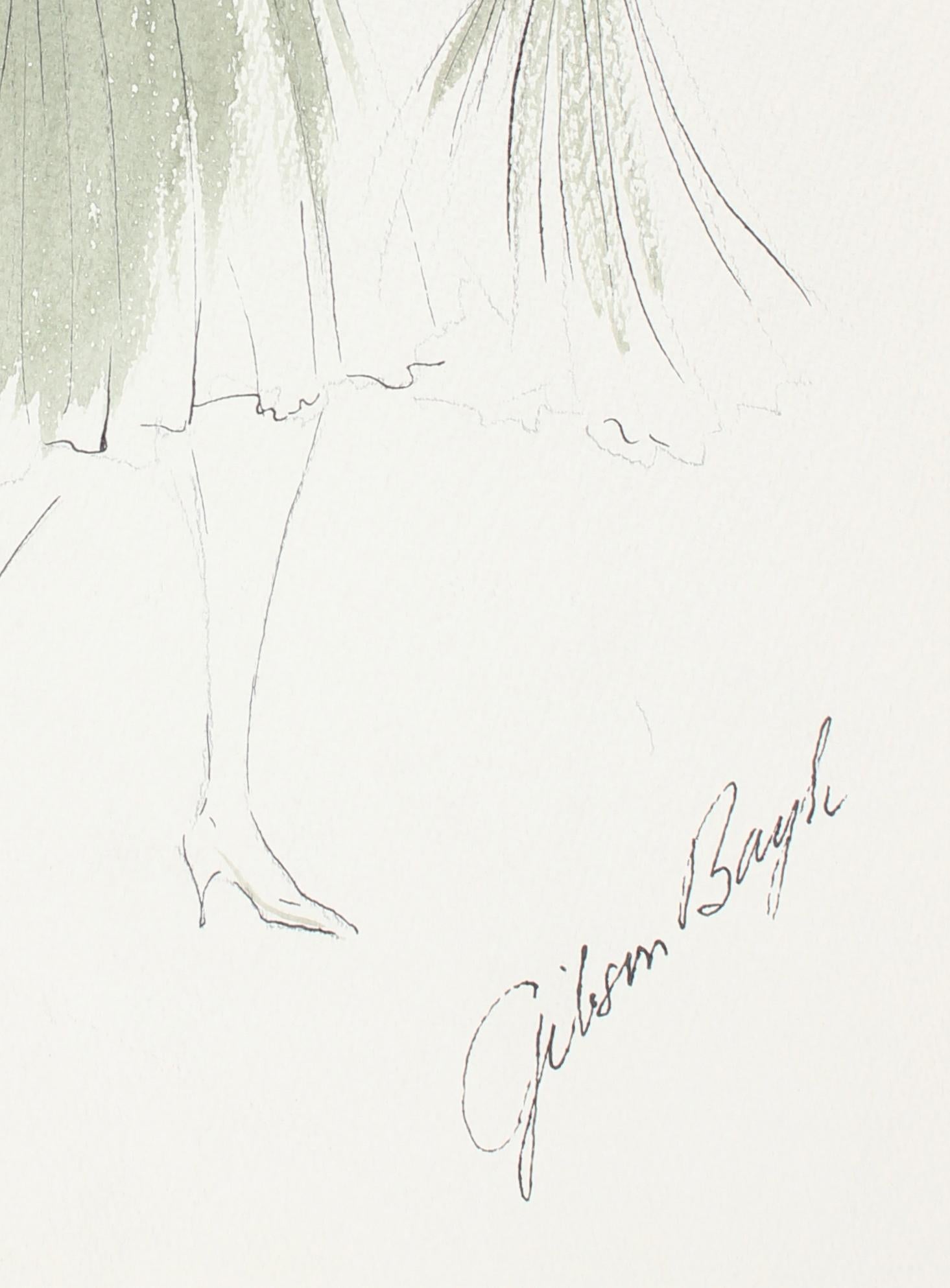 Flowy Olivgrünes Kleid Gouache & Tusche 1950er Jahre Mode Illustration – Art von Gibson Bayh