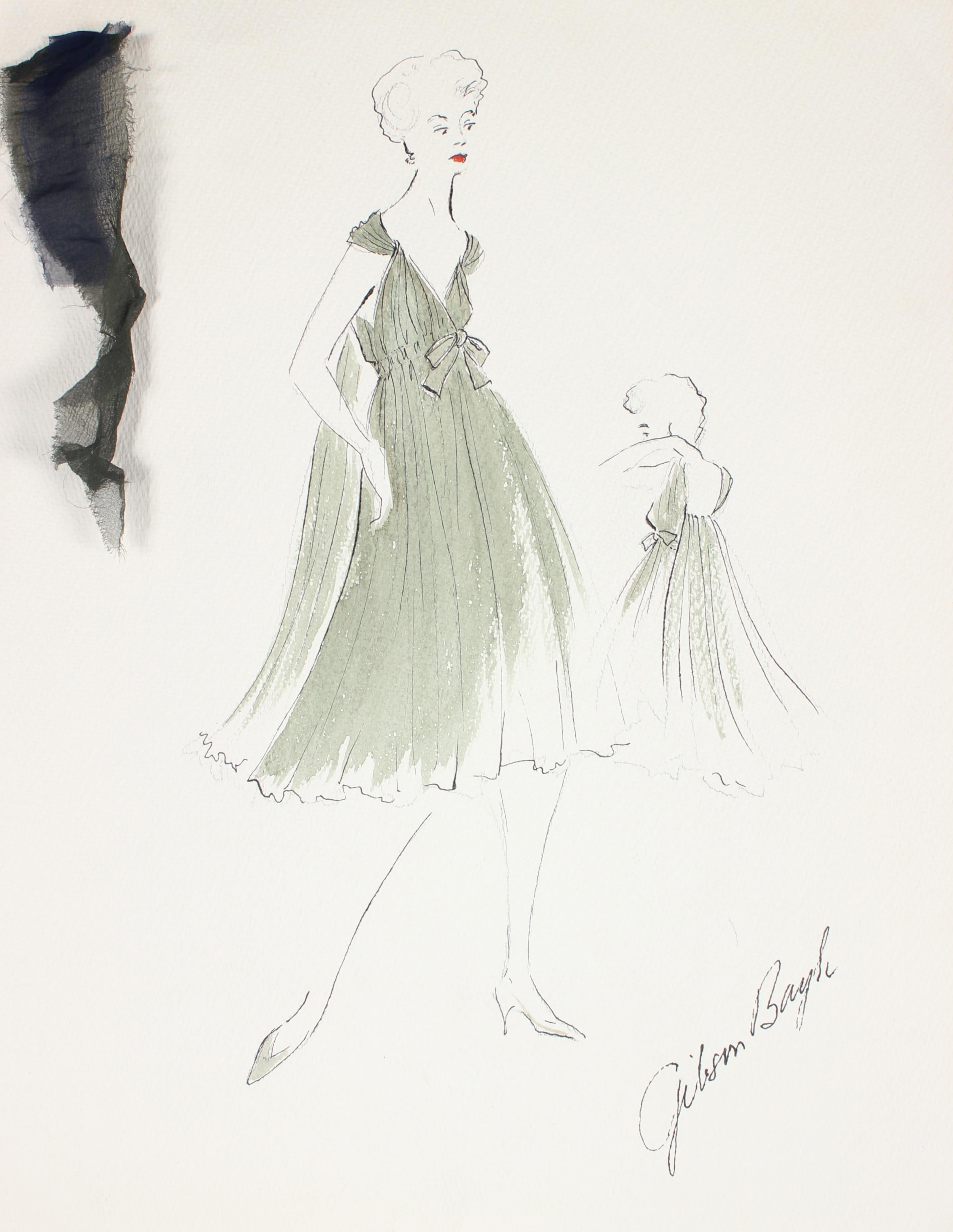 Figurative Art Gibson Bayh - Robe Flowy vert olive à la gouache et à l
encre - Illustration de mode des années 1950