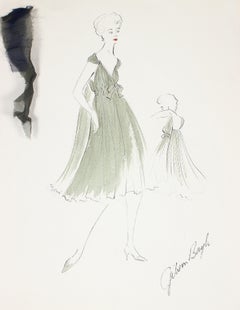 Flowy Olivgrünes Kleid Gouache & Tusche 1950er Jahre Mode Illustration