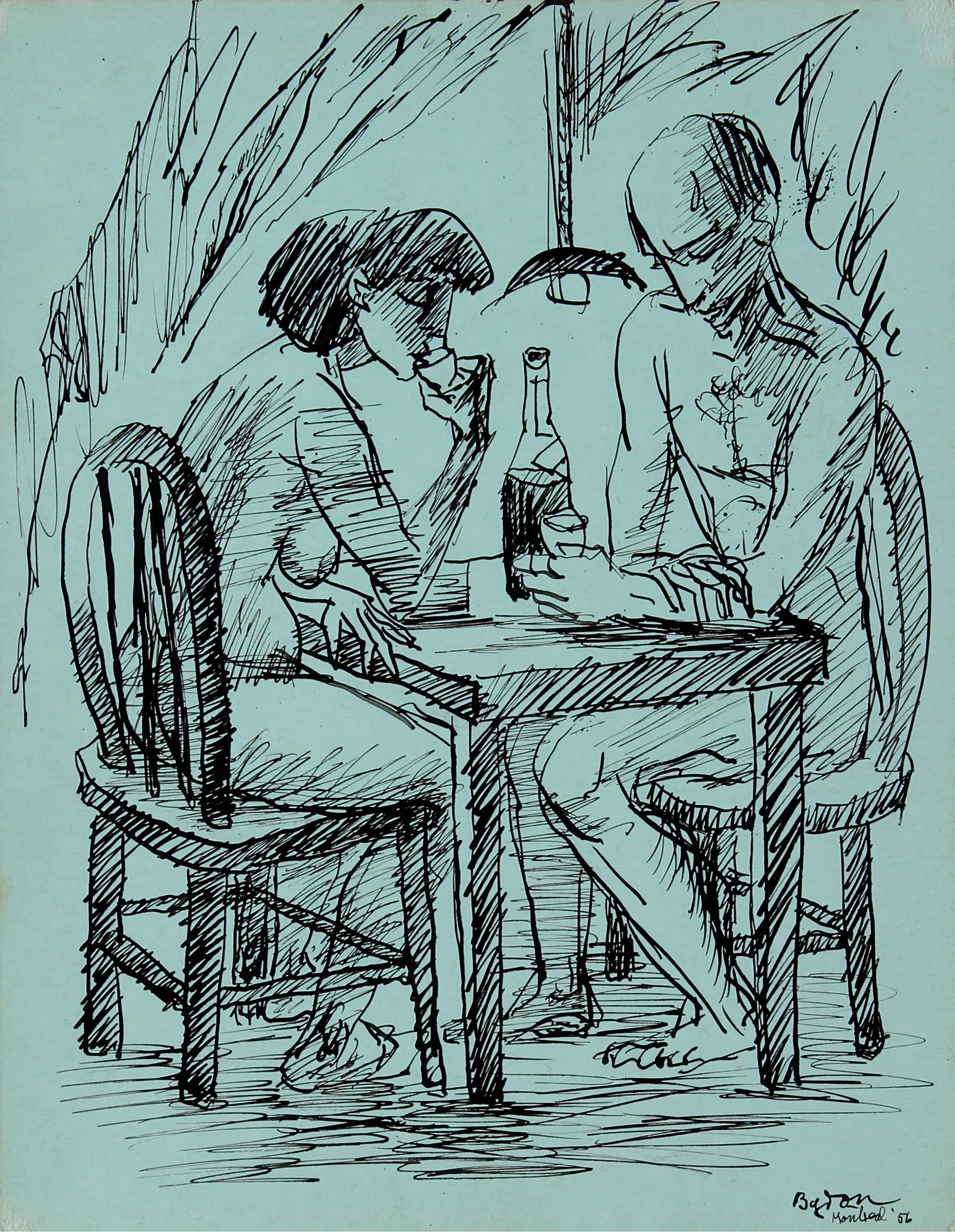 Couple Drinking 1956 Ink on Mint Green Cardstock