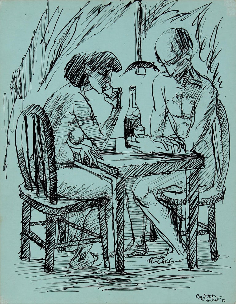 Byron Randall Figurative Art - Couple Drinking 1956 Ink on Mint Green Cardstock
