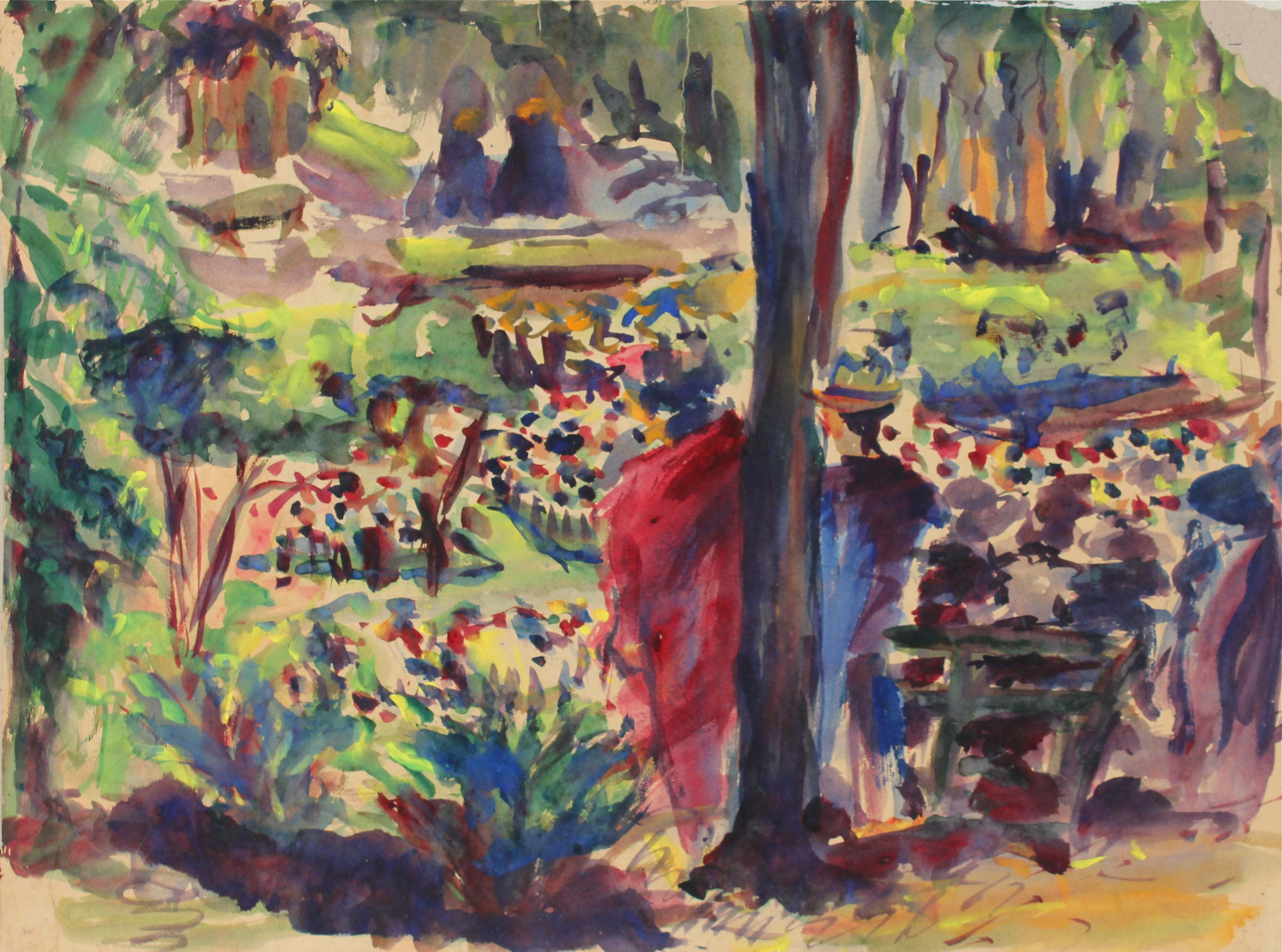Byron Randall Landscape Art - Abstracted Park Scene 1940s Watercolor
