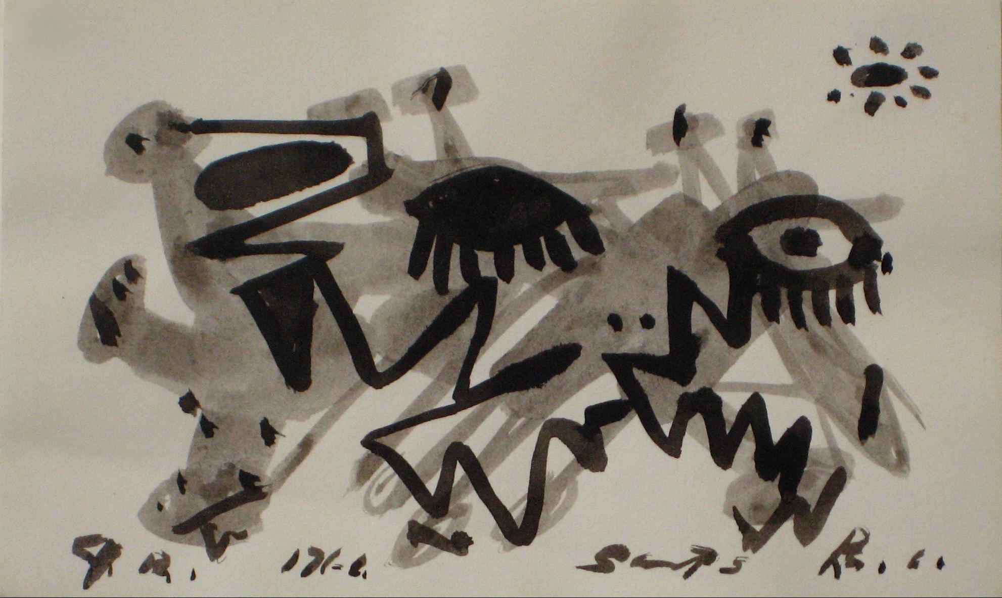 Santos Rene Irizarry Abstract Drawing - Petite Monochrome Abstract Deconstruction Mid Century Ink Wash