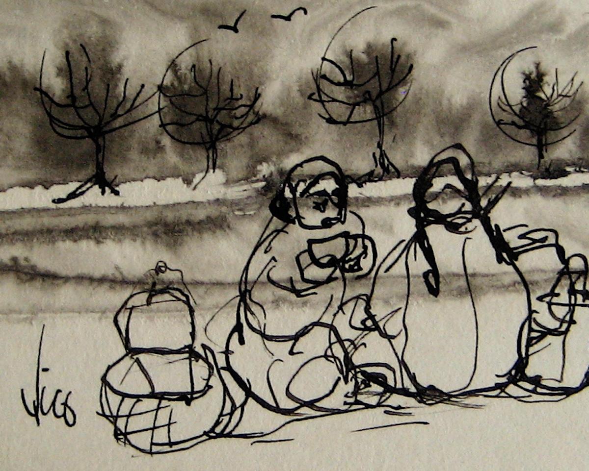 Figures by the Coast 1960s Ink Wash - Art by Wiveca Rubinow