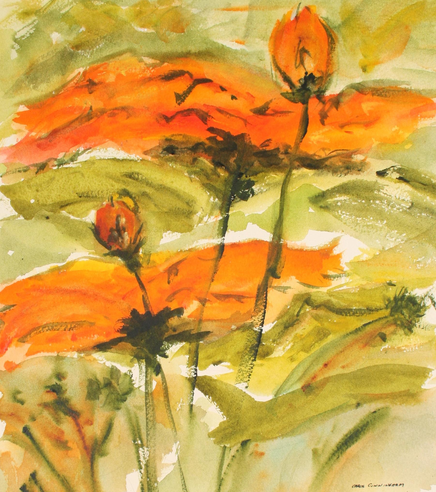 Carol Cunningham Still-Life - Fiery Flowers 1960-70s Watercolor