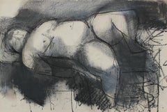 "Reclining Nude" Expressionist Mid Century Charcoal