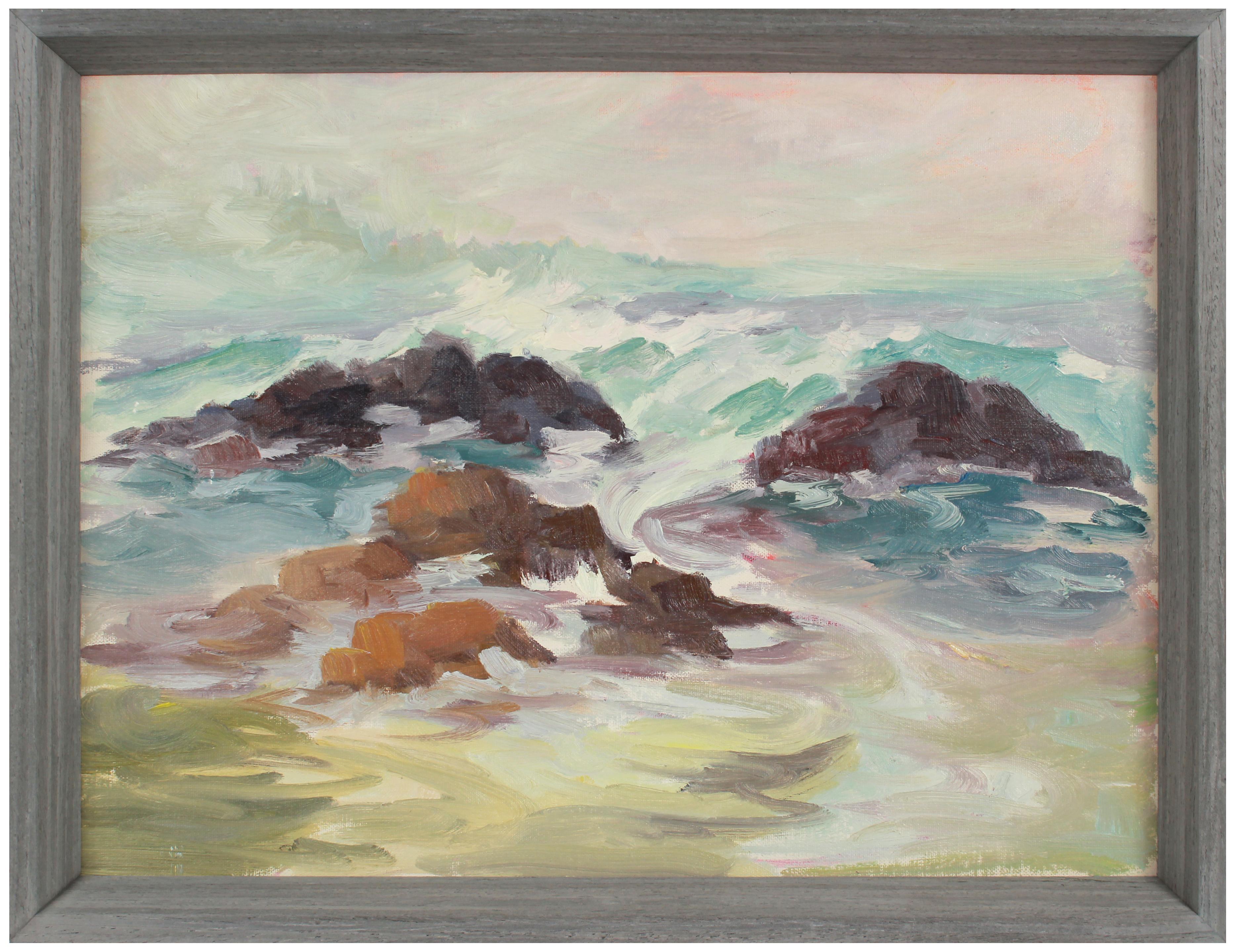 Elizabeth L. Baum Landscape Painting - Rocky Coastal Waves Early 20th Century Oil