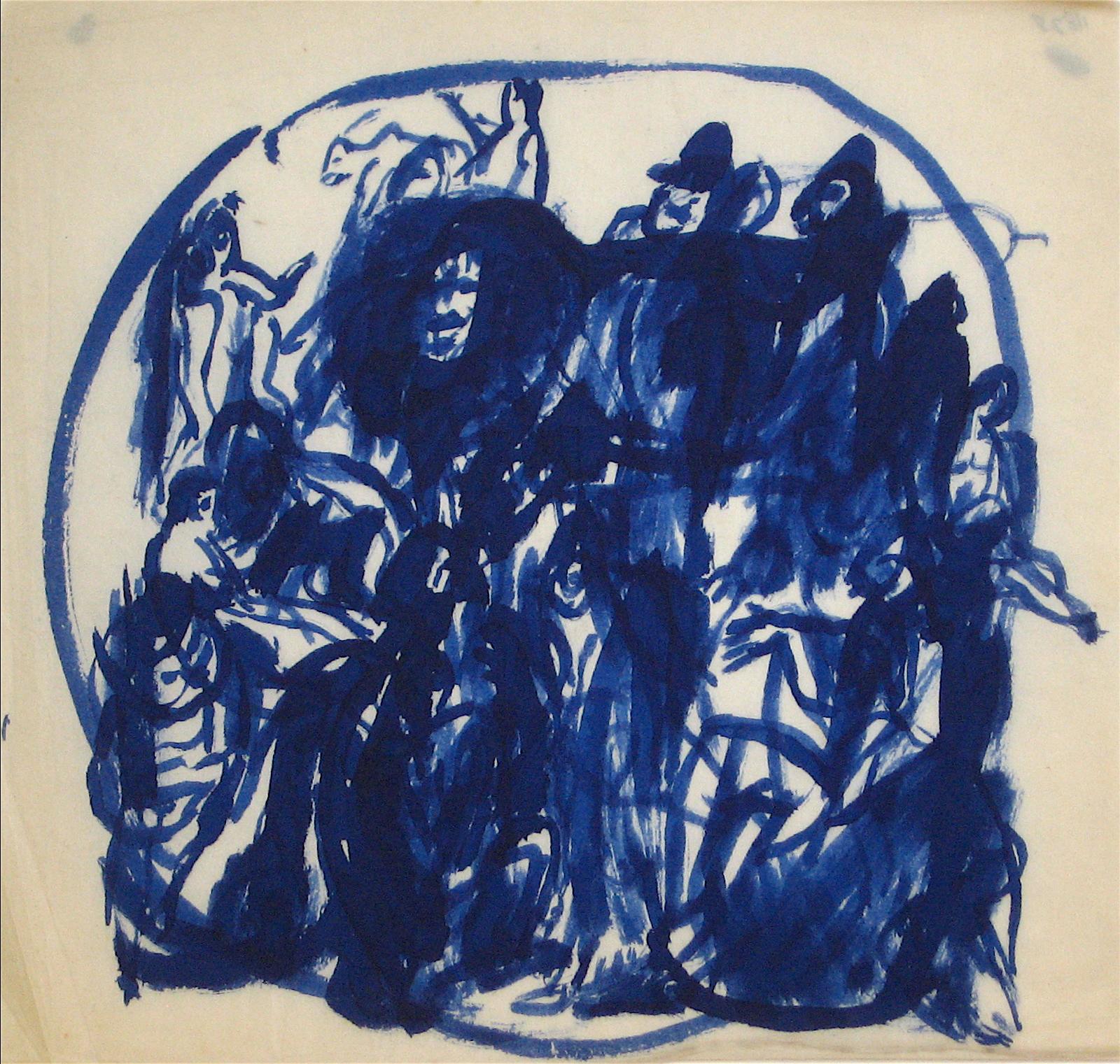 Jennings Tofel Figurative Art - Blue Figures in a Circle Early-Mid 20th Century Ink Wash