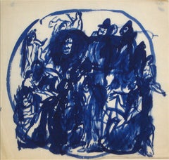 Blue Figures in a Circle Early-Mid 20th Century Ink Wash
