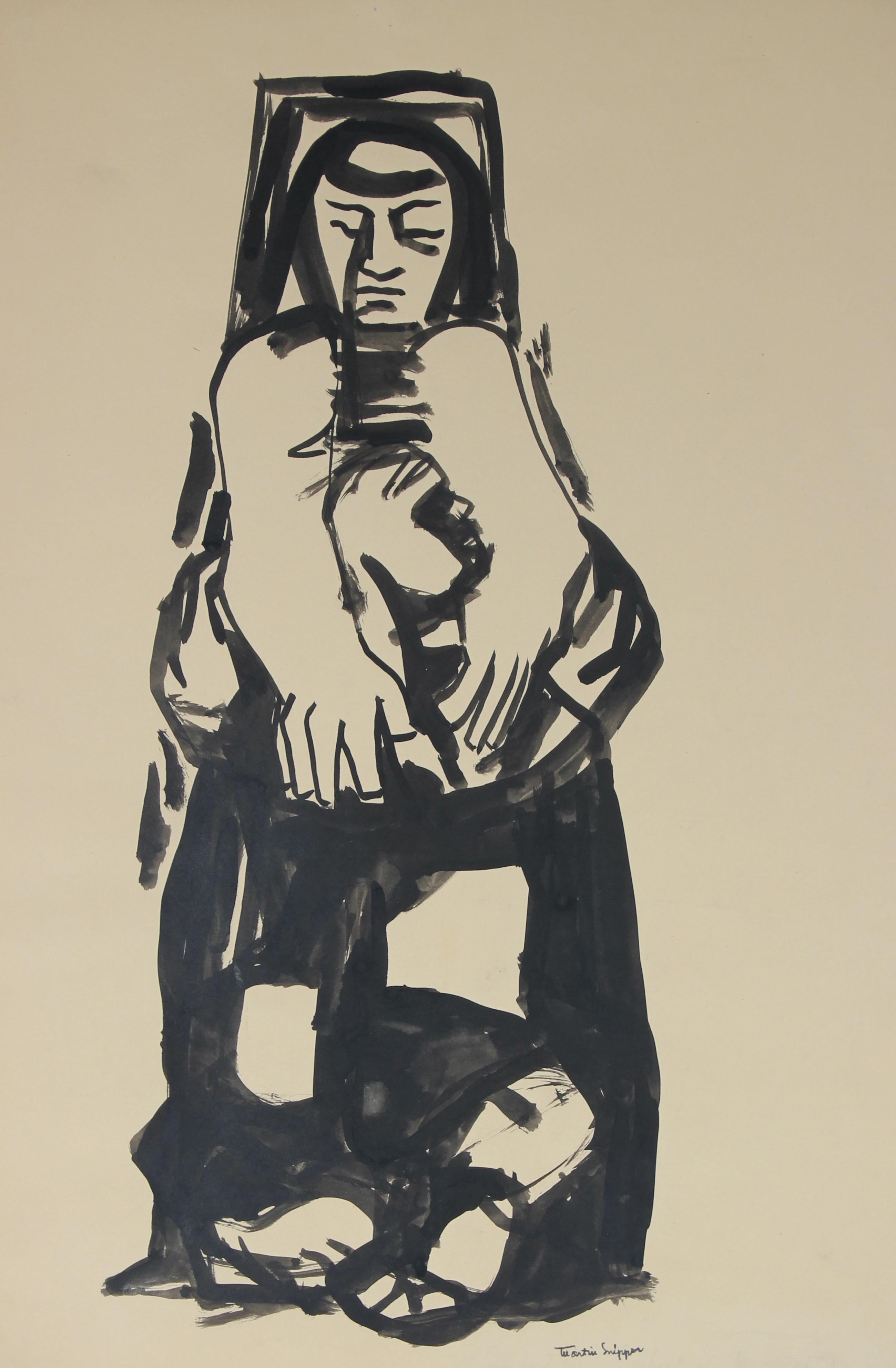 Martin Snipper Figurative Art - Woman In Introspection Mid Century Ink