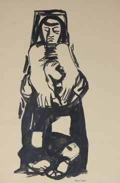 Woman In Introspection Mid Century Ink