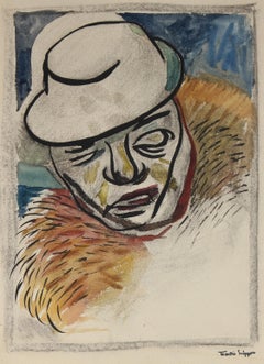 Figure In A Hat Mid Century Watercolor & Charcoal