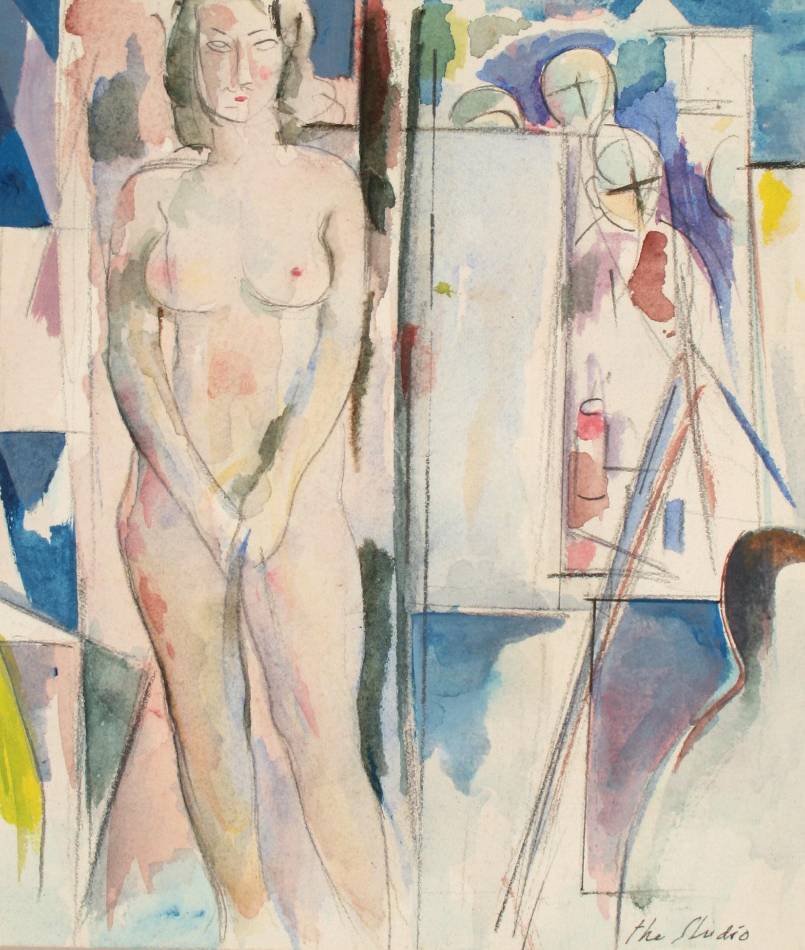 Schuyler Standish Nude - "The Studio" Late 20th Century Colorful Watercolor and Graphite