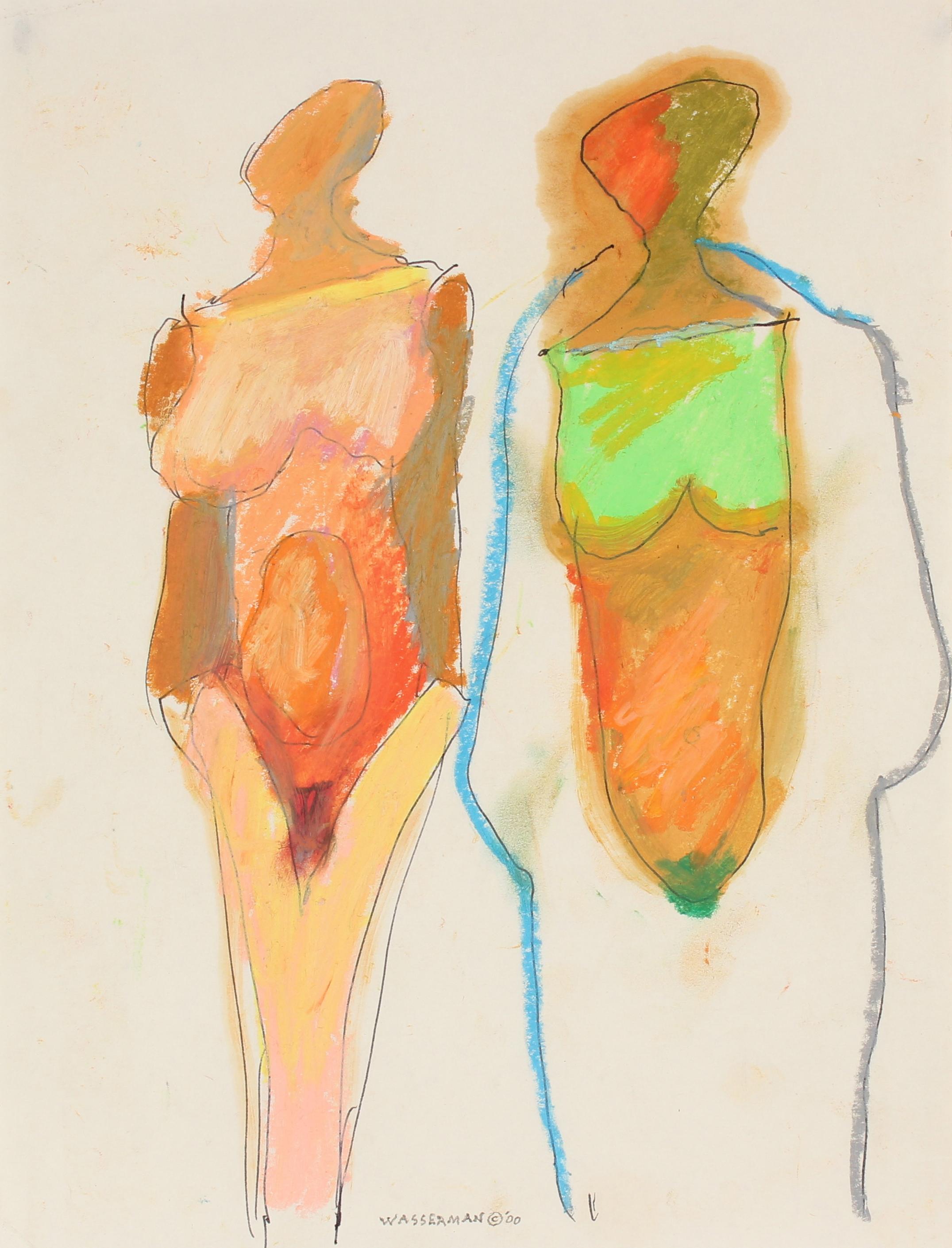 Gerald Wasserman Abstract Drawing - Colorful Abstracted Figures Circa 2000 Pastel and Ink