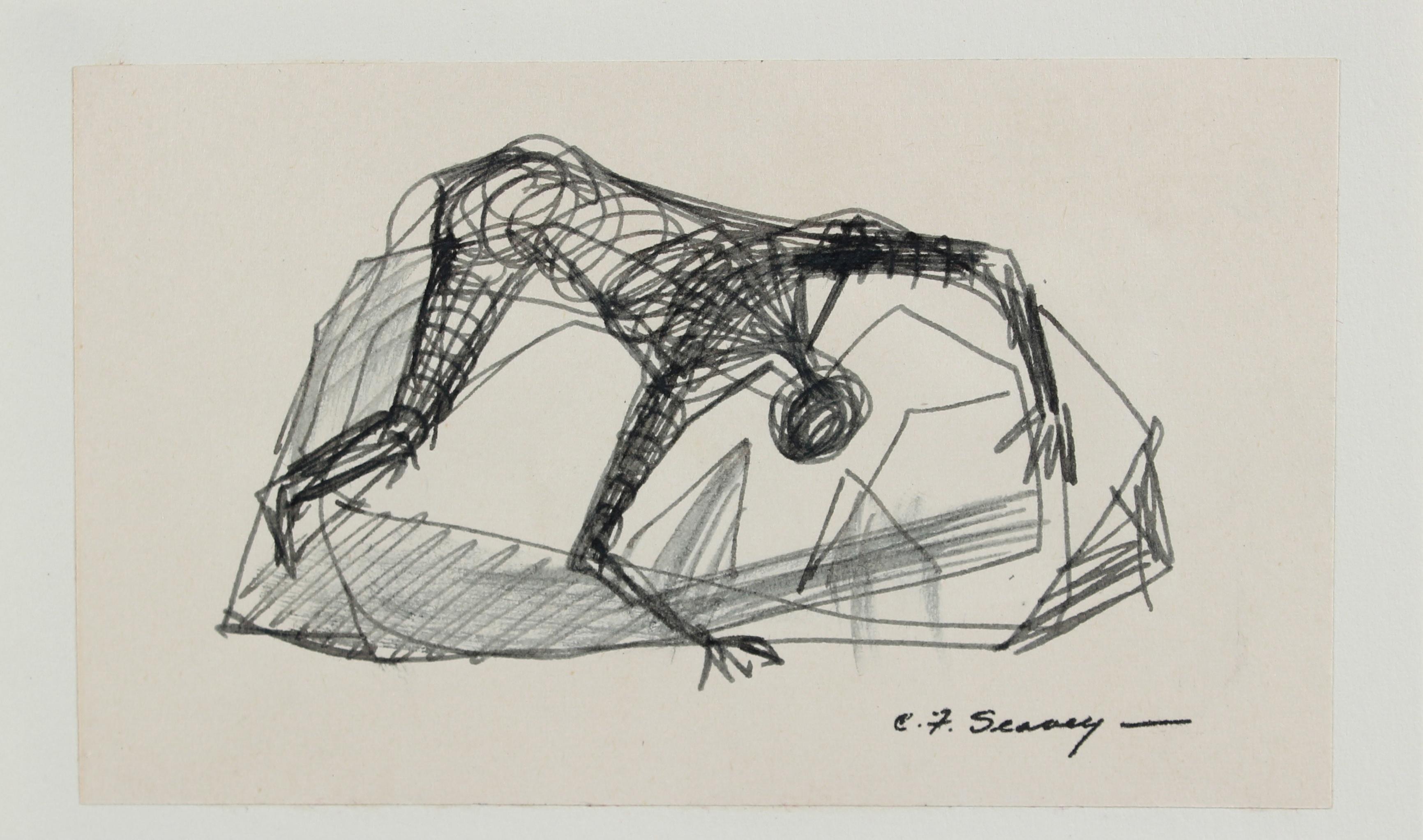 Clyde F. Seavey Sr. Figurative Art - Petit Modernist Monochromatic Figure 1952 Ink