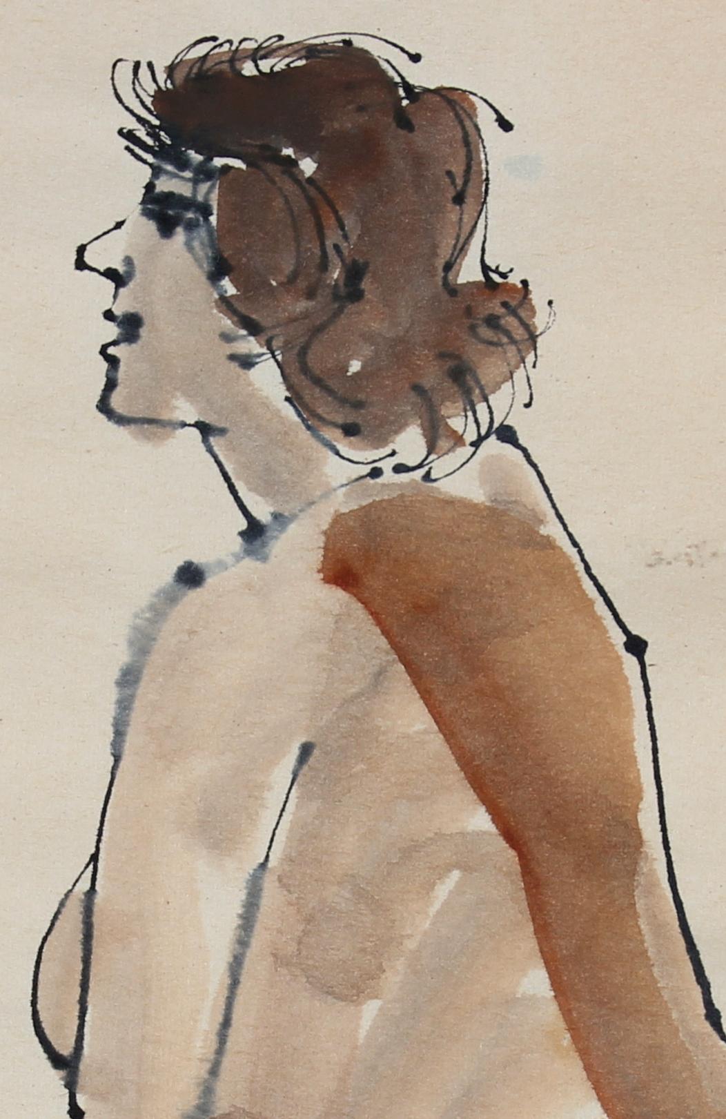  Warm Toned Seated Nude 1965 Ink & Watercolor - Painting by Rip Matteson
