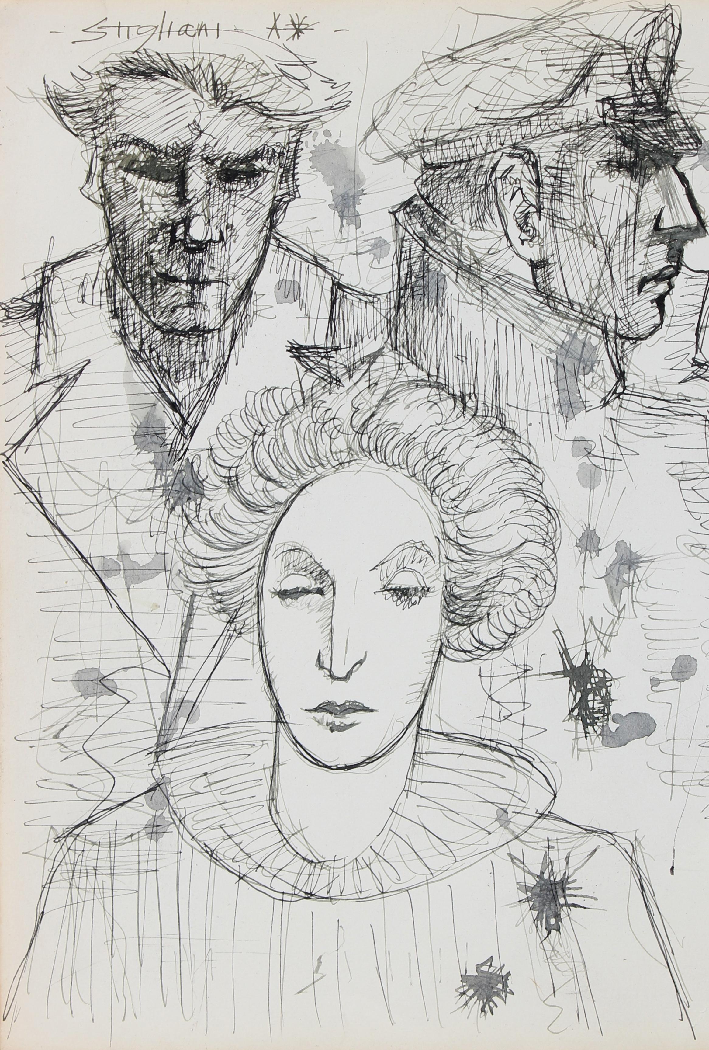 Portrait Drawing of Three Heads Late 20th Century Ink - Art by Pasquale Patrick Stigliani