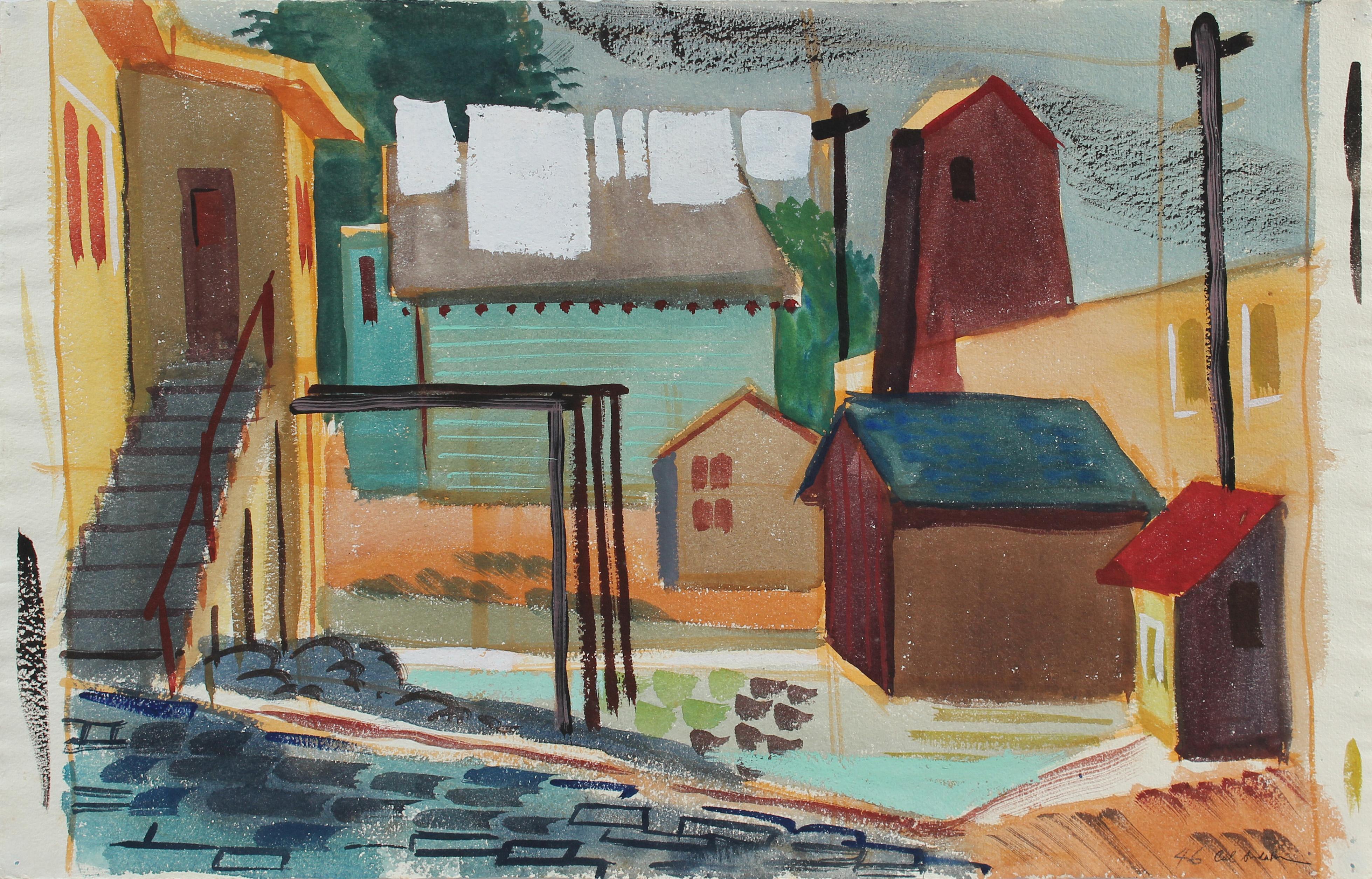 Calvin Anderson Landscape Art - Quiet Backyard City Scene 1946 Watercolor