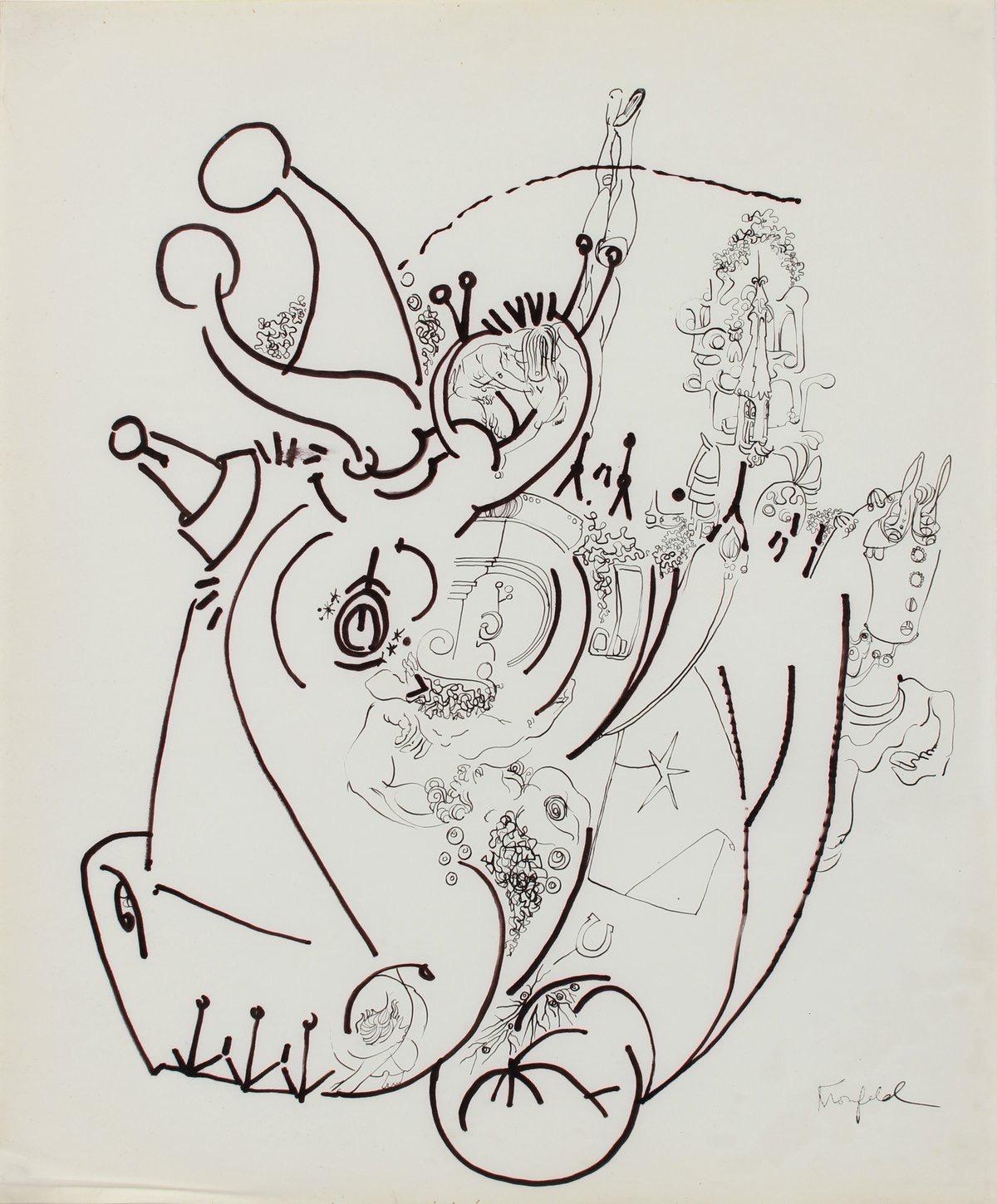 Morris Kronfeld Animal Art - Surreal Rhinoceros Drawing 1960-80s Ink and Graphite