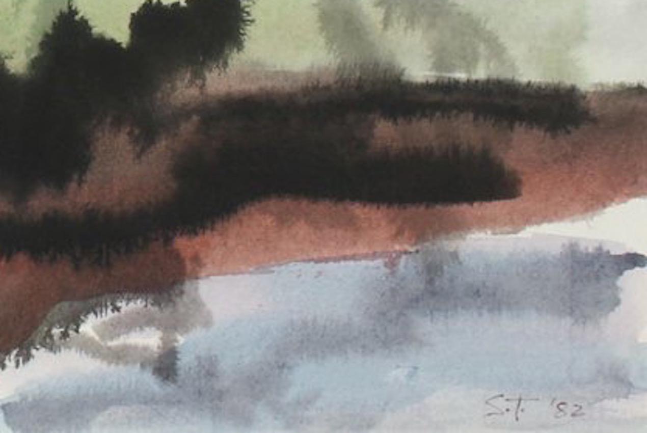 Expressionist Landscape With Tree 1982 Ink and Watercolor - Painting by Seymour Tubis