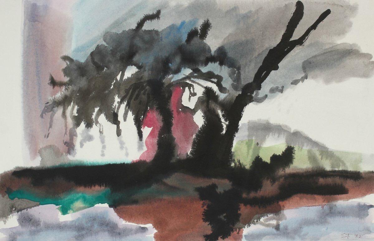Expressionist Landscape With Tree 1982 Ink and Watercolor