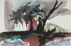 Expressionist Landscape With Tree 1982 Ink and Watercolor