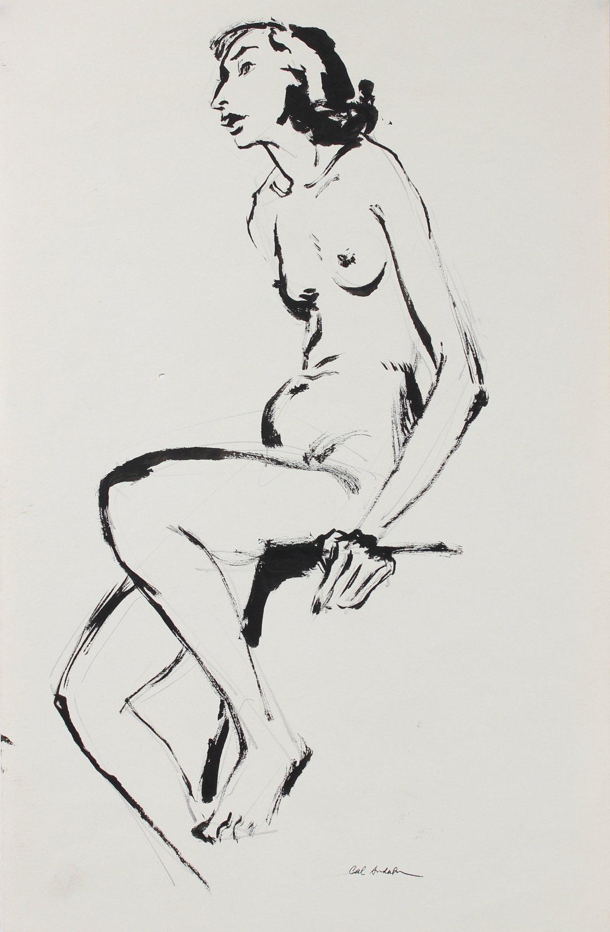 Seated Modernist Female Nude Mid 20th Century Ink