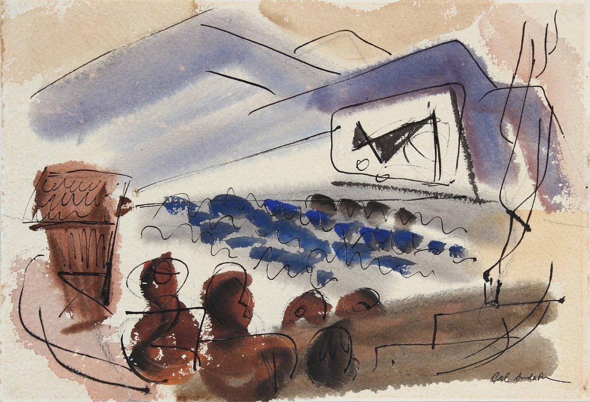 Calvin Anderson Landscape Art - Abstracted Drive In Movie Scene 1944 Watercolor