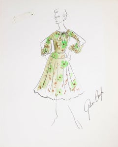 Floral Spring Dress with Slit Sleeves Gouache & Ink Fashion Illustration